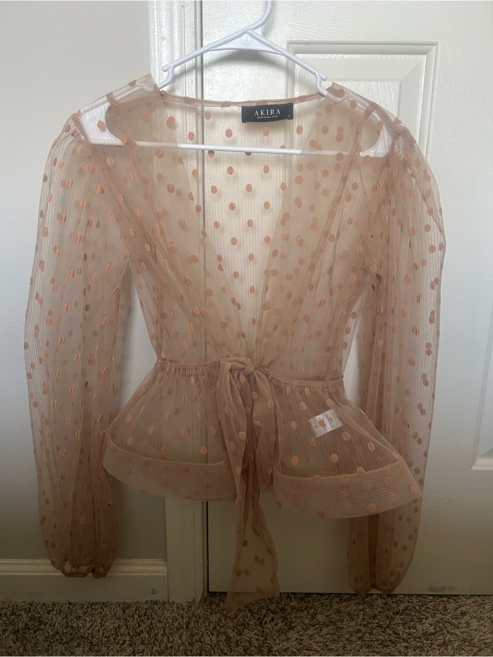 AKIRA Blush Polka Dot Tie-Front Sheer Peplum Blouse
